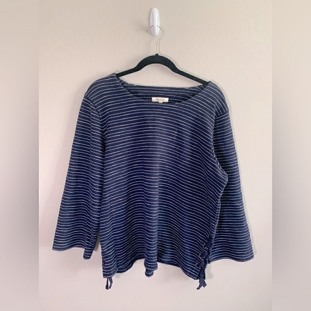 Madewell Blue and‎ White Striped side lace top Size XL